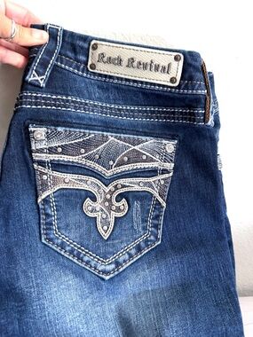 Rock Revival Jeans Womens Size 30 Sapphire Boot Rhinestones Blue Mid Rise y2K